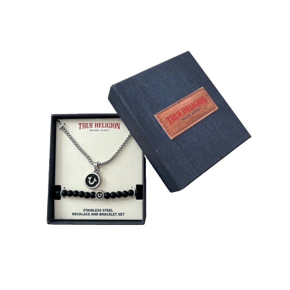 True Religion Stainless Steel Necklace / Black Bracelet